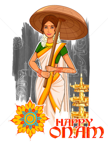 South Indian Keralite woman with umbrella celebrating Onam Stock photo © vectomart