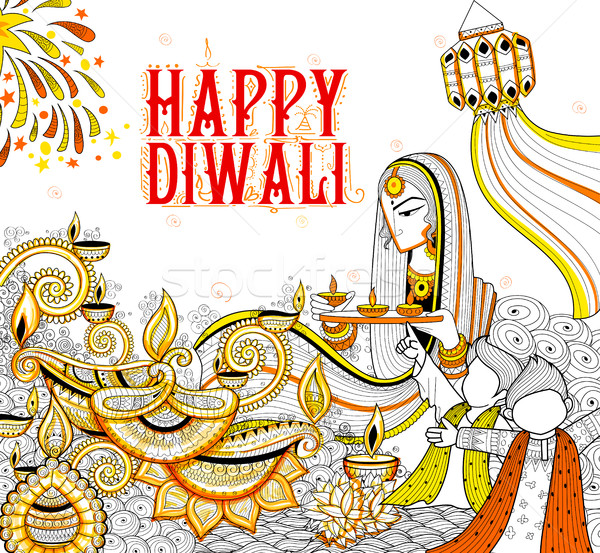 Burning diya on happy Diwali Holiday doodle background for light festival of India Stock photo © vectomart