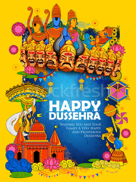 Lord Ram, Sita, Laxmana, Hanuman and Ravana in Dussehra Navratri festival of India poster Stock photo © vectomart