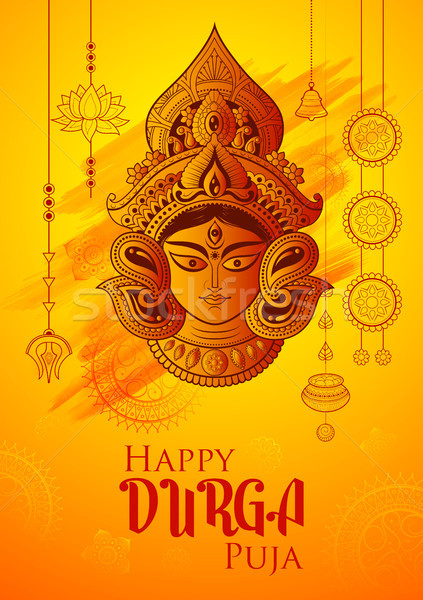 Stock photo: Goddess Durga Face in Happy Durga Puja Subh Navratri background