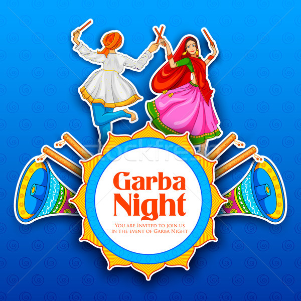 Couple playing Dandiya in disco Garba Night poster for Navratri Dussehra festival of India Stock photo © vectomart