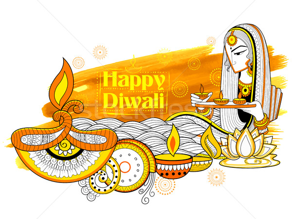 Lady burning diya on happy Diwali Holiday doodle background for light festival of India Stock photo © vectomart