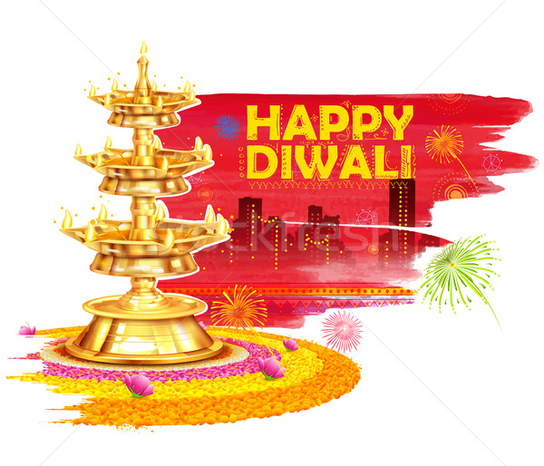 Burning diya on Happy Diwali Holiday watercolor background for light festival of India Stock photo © vectomart