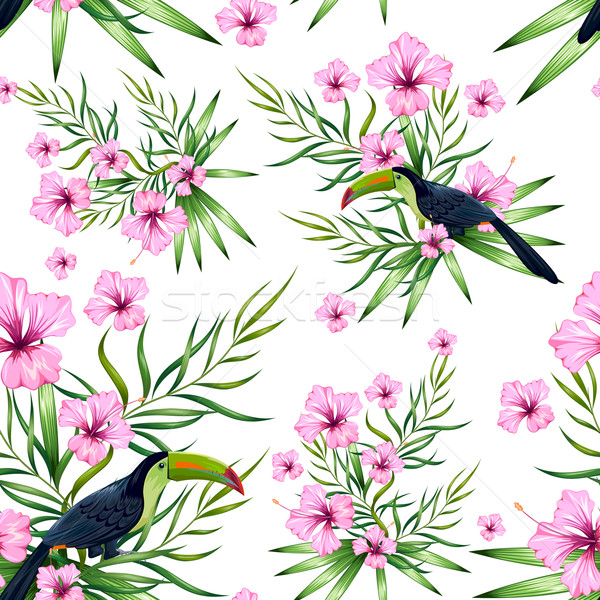 Seamless Pattern with Exotic Tropical Flower and colorful bird Stock photo © vectomart