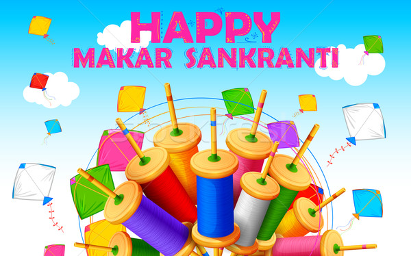 Makar Sankranti wallpaper with colorful kite string spool Stock photo © vectomart