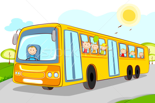 Foto stock: Crianças · ônibus · escolar · ilustração · motorista · festa · janela