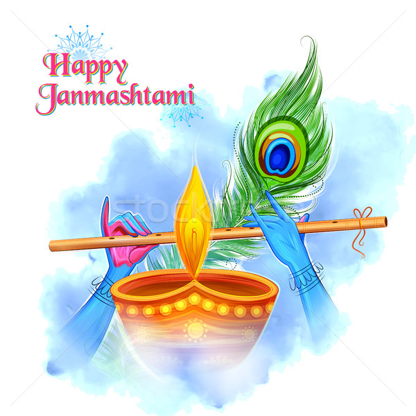 Lord Krishna playing bansuri (flute) in Happy Janmashtami festival background of India Stock photo © vectomart