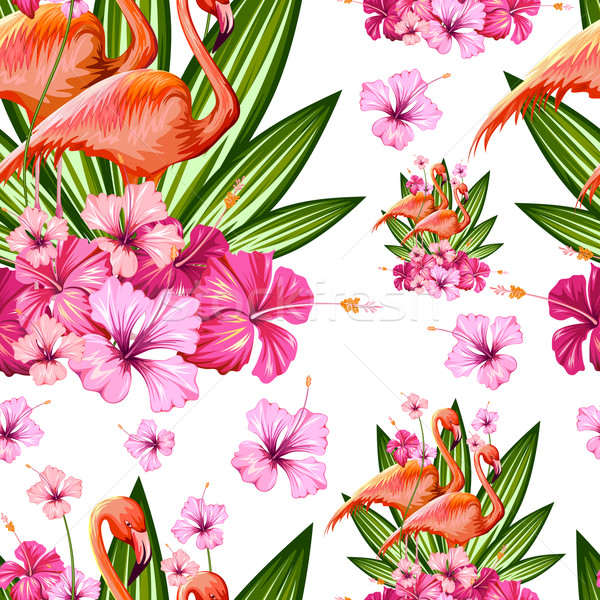 Seamless Pattern with Exotic Tropical Flower and Flamingo Stock photo © vectomart