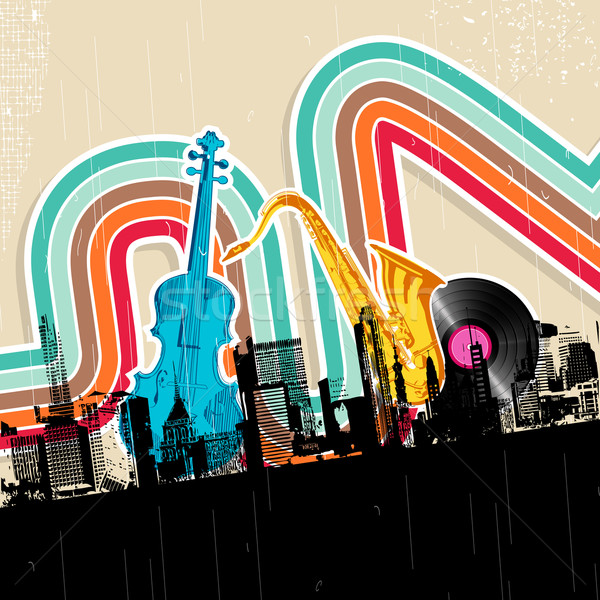 Miejskich muzyki ilustracja Cityscape instrument muzyczny w stylu retro Zdjęcia stock © vectomart