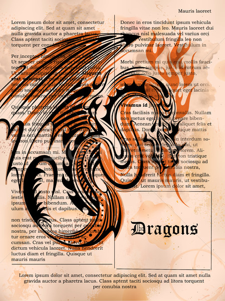Furious Dragon drawing on old vintage book page Stock photo © vectomart