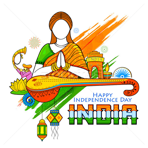 Indian background with woman doing namaste gesture wishing Happy Independence Day of India Stock photo © vectomart