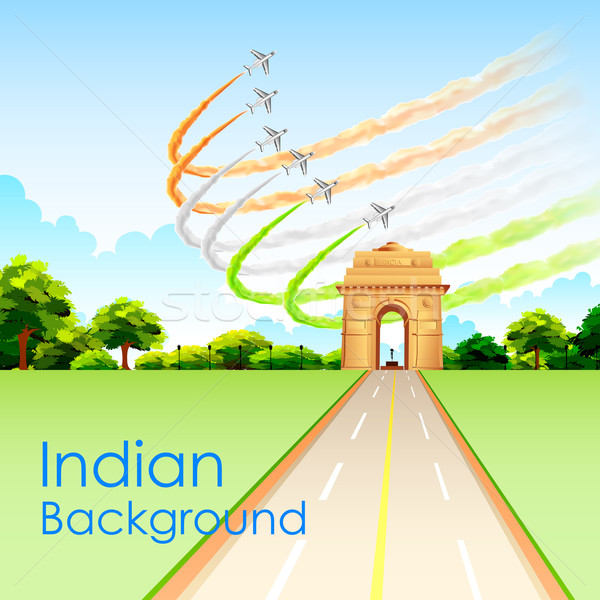 Airplane making Indian tricolor flag around India Gate Stock photo © vectomart