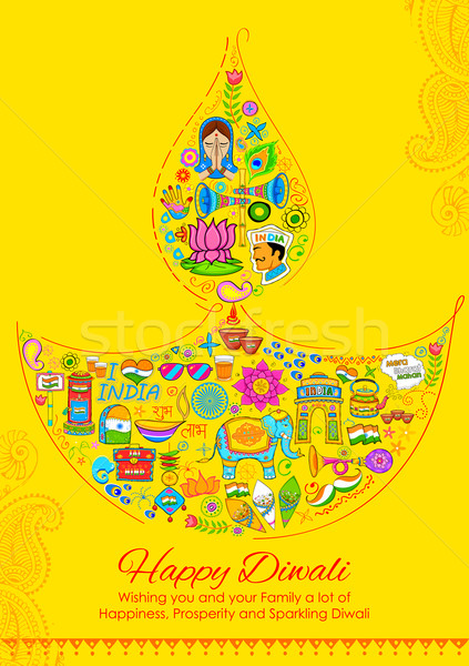 Happy Diwali background with India related things in diya shape Stock photo © vectomart