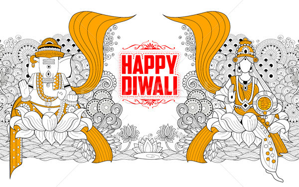 Stock photo: Goddess Lakshmi and Lord Ganesha on Happy Diwali Holiday doodle background for light festival of Ind