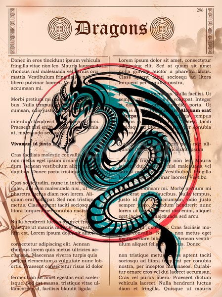 Furious Dragon drawing on old vintage book page Stock photo © vectomart