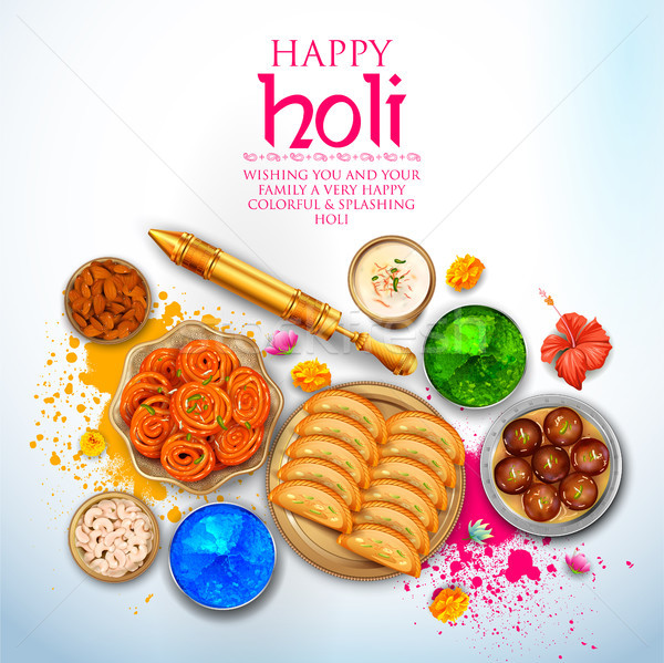 Powder color gulal and gujiya sweet with thandai for Happy Holi Background Stock photo © vectomart