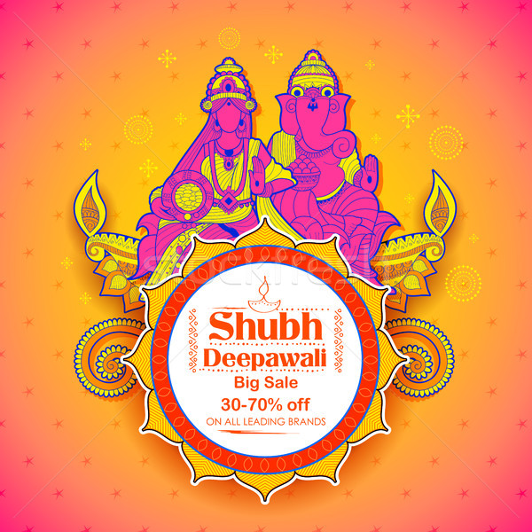 Stock photo: Goddess Lakshmi and Lord Ganesha on happy Diwali Holiday doodle background for light festival of Ind