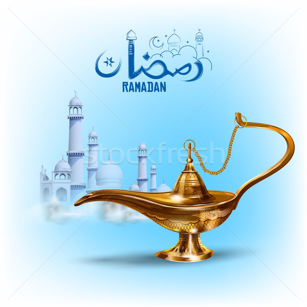 Stock photo: Ramadan Kareem Generous Ramadan greetings in Arabic freehand with antique Aladdin lamp for Islam rel