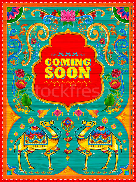 Colorful Coming Soon banner in truck art kitsch style of India Stock photo © vectomart