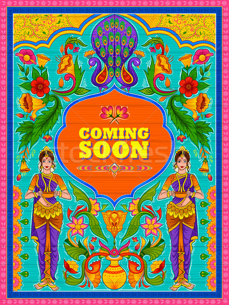 Colorful Coming Soon banner in truck art kitsch style of India Stock photo © vectomart