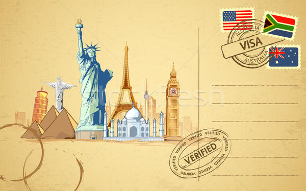 旅行 明信片 插圖 世界 著名 郵件 商業照片 © vectomart