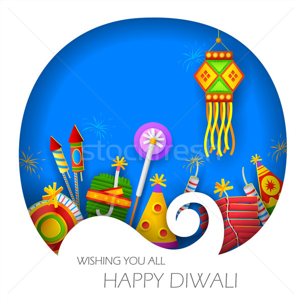 Burning diya and firecracker on Happy Diwali Holiday background for light festival of India Stock photo © vectomart