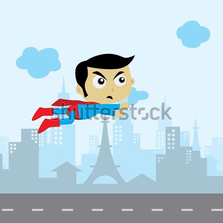 Adorable and amazing cartoon superhero in classic pose in front of city view Stock photo © vector1st
