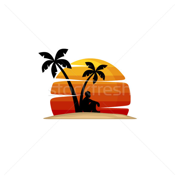 Stockfoto: Man · zitten · palmboom · zomervakantie · strand · vakantie