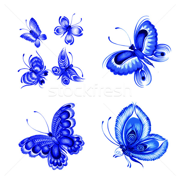set of decorative ornament blue butterflies Stock photo © VectorFlover