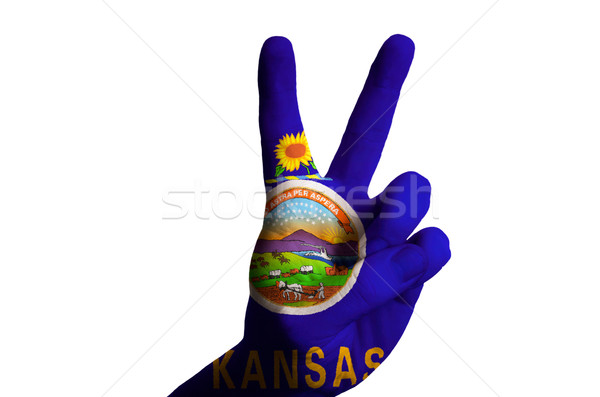 Foto stock: Kansas · bandera · dos · dedo · hasta · gesto