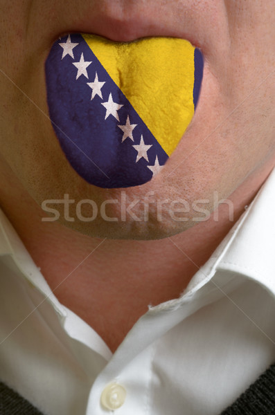 Stock foto: Mann · Zunge · gemalt · Bosnien-Herzegowina · Flagge · öffnen