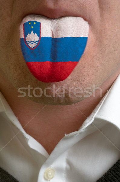 Stock foto: Mann · Zunge · gemalt · Slowenien · Flagge · Wissen