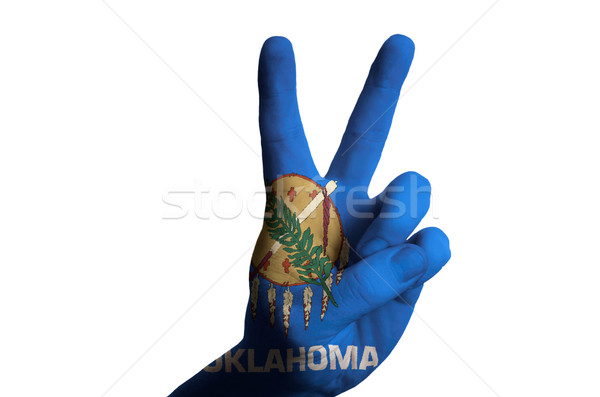 Foto stock: Oklahoma · bandeira · dois · dedo · para · cima · gesto