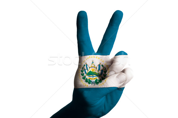 Foto stock: El · Salvador · bandeira · dois · dedo · para · cima · gesto