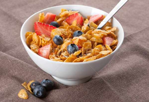 Stockfoto: Kom · cornflakes · bessen · gezonde · ontbijtgranen · vers