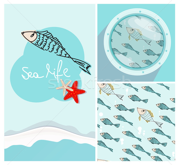 Set of nautical themed designs with swimming fish Stock photo © veralub