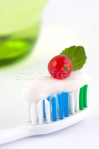 Cepillo de dientes frescos pasta dentífrica rojo Berry hoja verde Foto stock © veralub