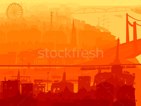 Stock photo: Abstract illustration of downtown city in sunset.