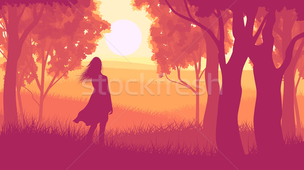 Horizontal illustration within forest with silhouette girl in su Stock photo © Vertyr