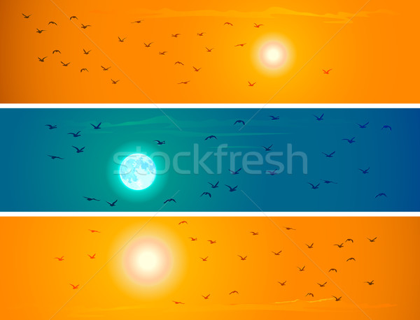 Banners of flying birds against orange sunset and moon. Stock photo © Vertyr