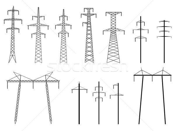 Foto stock: Conjunto · vetor · silhuetas · linha · alta · tensão · elétrico