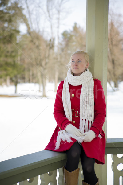 Kobieta czerwony płaszcz granica taras Zdjęcia stock © vetdoctor