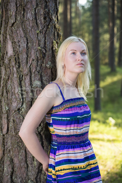 Woman in lined dress rests on tree Stock photo © vetdoctor