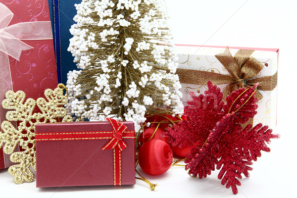 red holiday box with christmas tree and ornament Stock photo © vichie81