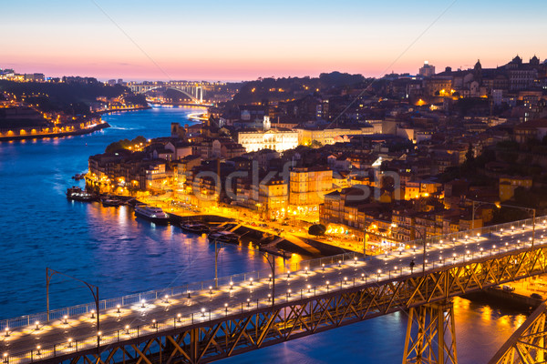 Stockfoto: Brug · stadsgezicht · Portugal · schemering · stad · Blauw