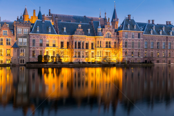 Foto stock: Parlamento · palacio · lugar · Países · Bajos · anochecer · lago