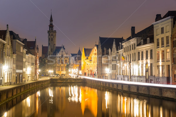 Belgia noc historyczny średniowiecznej budynków niebo Zdjęcia stock © vichie81