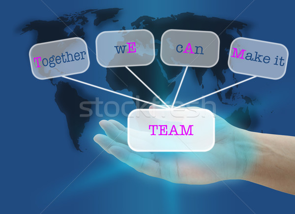 Echipă om mână buton hartă a lumii Imagine de stoc © vichie81