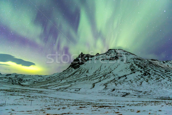 északi fény aurora tájkép hó hegy Stock fotó © vichie81