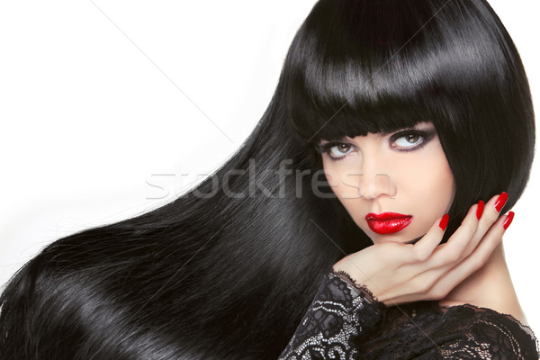 Stock photo: Long Hair. Beautiful Brunette Girl. Healthy Black Hairstyle. Red